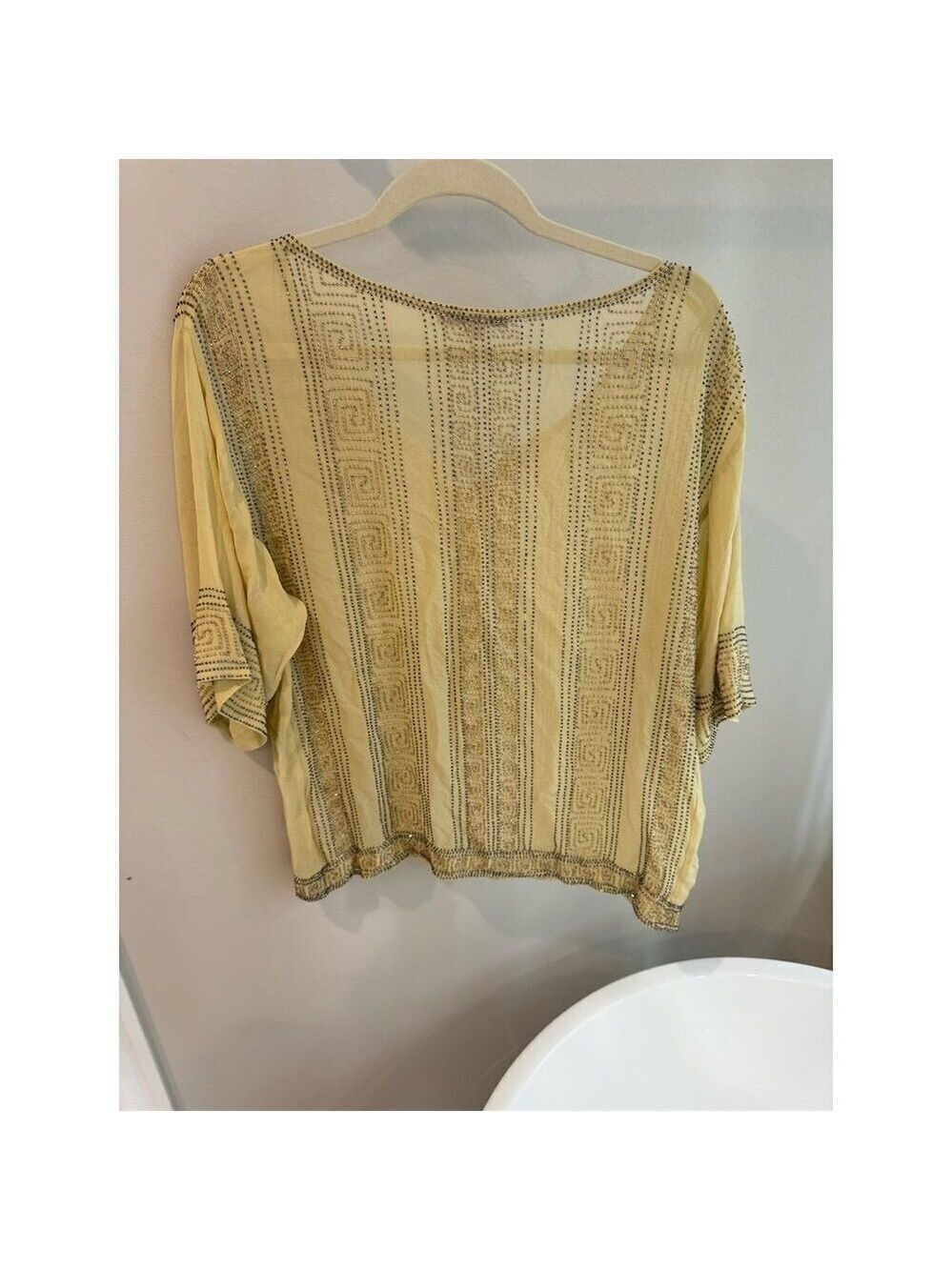 Calypso St. Barth Women's Beaded V-Neck Blouse Pale Yellow Size M 3/4 Sleeve - Picture 2 of 4